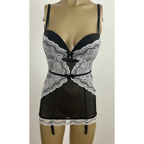 Victoria's Secret Women's 34D Lingerie Corset Bustier Garters Black Lace Trim - Picture 1 of 13